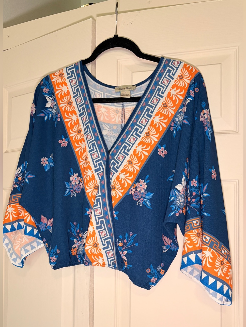 Flying Tomato Blue Floral V-Neck Tunic with Orange Trim